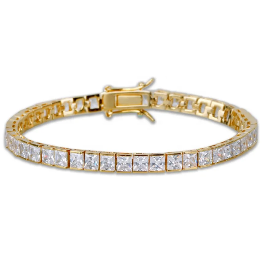 

Gold Box Chain Bracelet Diamond Square Stone Charm 6mm Tennnis Bracelet Jewelry, Golden , silver