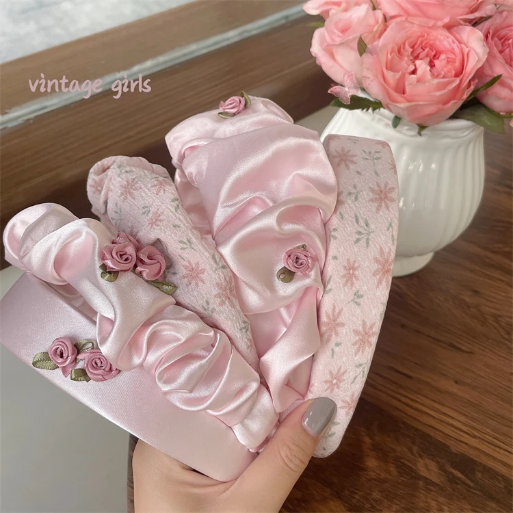 

7Colors Ins Pink Bright Pleated Flower Coil Hair Sponge Wide-brimmed Hair Accessories Headband Hairband