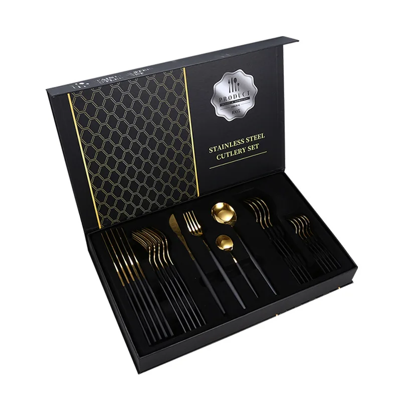 

Top Quality PVD Coating Cutipol 24 Pieces Black And Gold Wedding Flatware Sets Stainless Steel 18/0 Cutlery