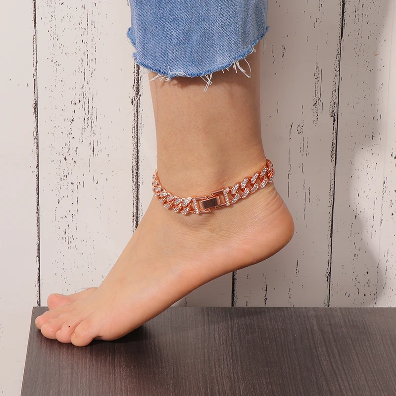 

Summer Popular Ice Out Crystal Zirconia Stones Cuban Link Chain Ankle Bracelet Anklet Sparkly Diamond Miami Cuban Anklets