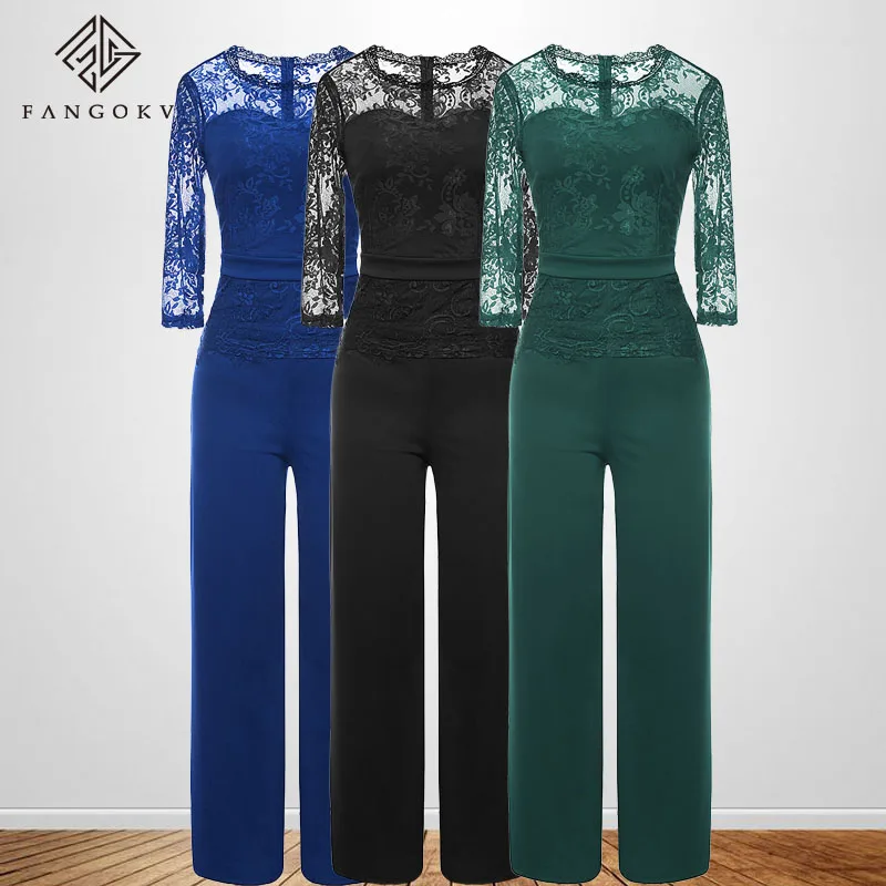 

Women Elegant Women 3/4 Sleeve Lace Stitching Top Wide Legging Pants Party Jumpsuit, Red,green,black,blue