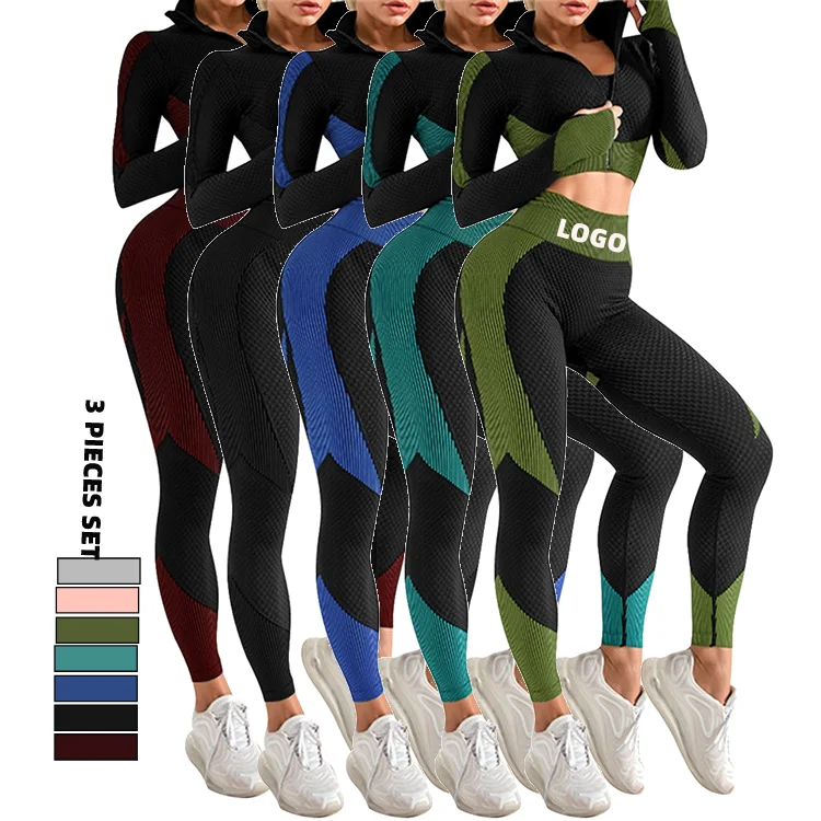 

Private Label 3 pieces Long Sleeve Autumn Sport High Waist Workout Leggings Yoga set gym wear, As shown