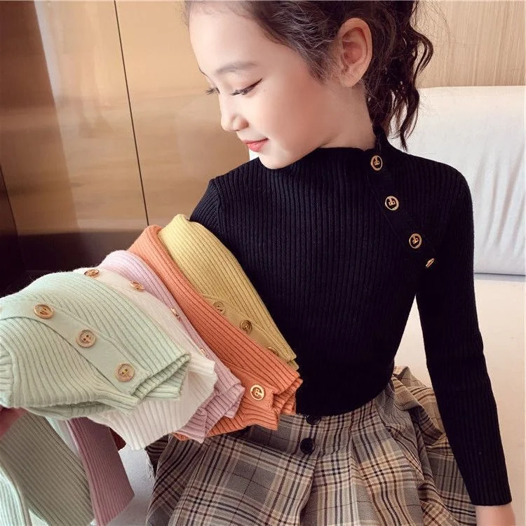 

Girls Sweaters Turtleneck Solid Color Knitting Sweater Autumn Children Clothing Pullover Kids Tops, As picture