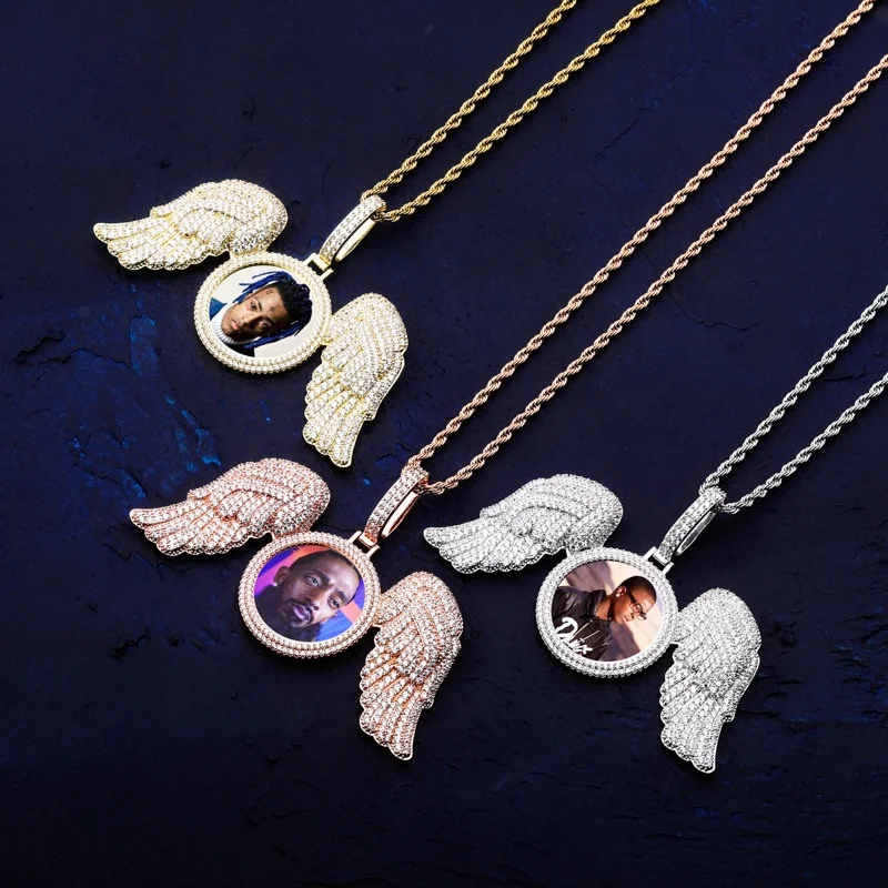

2020 Hot Sale Custom Picture Photo Angle Wings Pendant Necklace Bling Cubic Zirconia with Tennis Chains Big Size Hip hop Jewelry, Silver,gold,rose