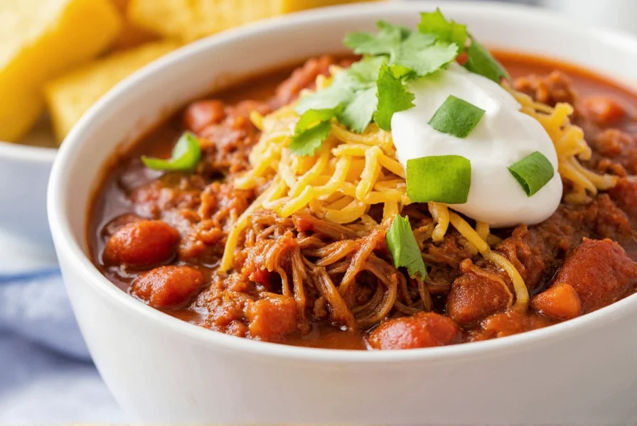 Serving presentation of shredded pork chili in a bowl with cheese, sour cream, and cilantro toppings alongside cornbread