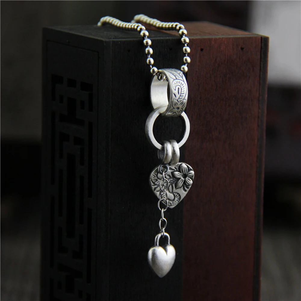 

Necklaces & Pendants Heart Flowers Carving Real Pure 925 Sterling Silver Retro Vintage Ethnic Amulets And Talismans Pentagram