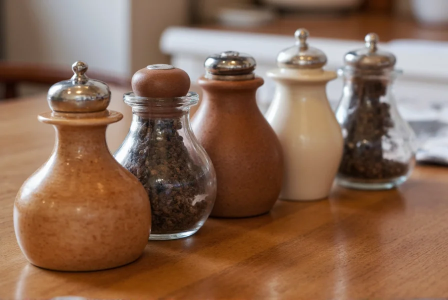 Collection of traditional ceramic and glass pepper pots arranged on a wooden dining table with freshly ground black pepper visible inside