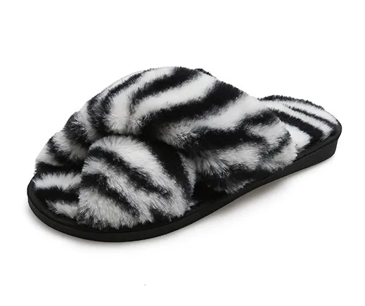 

Factory Wholesale Cheap Price Women's Zebra Stripe Print Plush Home Slides Soft Furry Warm Bedroom Slippers