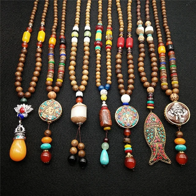

Retro Ethnic Style Jewelry Long Bead Chain Buddha Wooden Beads Bodhi Pendant Necklace, Wood