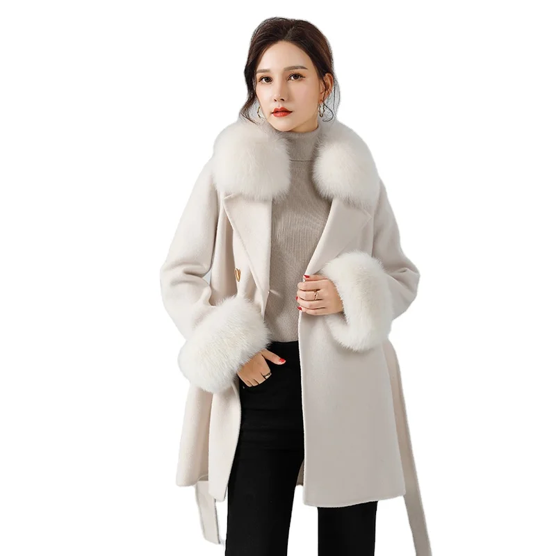 

GUNV New Style Spring Wind Coat Women Fashion Hooded Cashmere Cloak Cape with Fox Fur Woolen Long Trench Autumn Winter Luxury