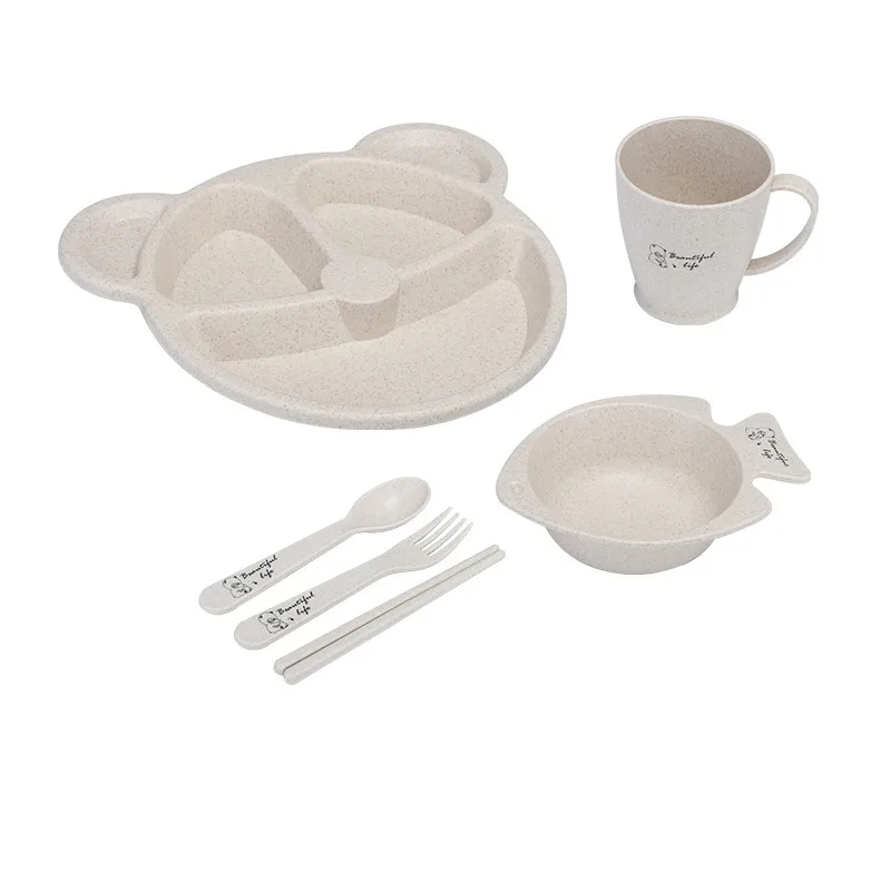 

Safe food grade children feeding tableware wheat straw 6 piece bear platter fork spoon set
