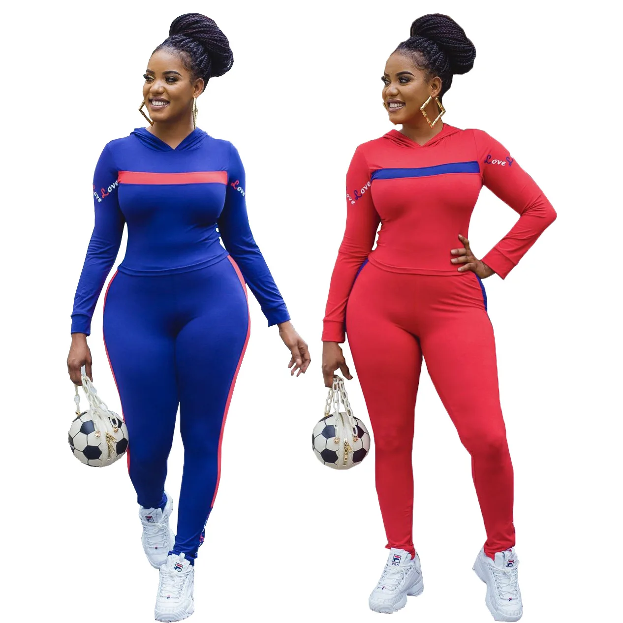 

ANL1426 2020 Long Sleeve Printed Hoodie Side Striped Pencil Pants Set Two Piece Set Women Fall Clothing