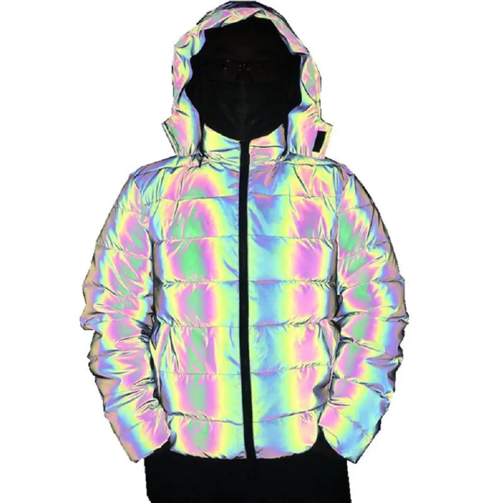 

Custom Logo Winter Puffer Jacket 3m Super Bright Reflective Jacket For Men, Rainbow reflectiver