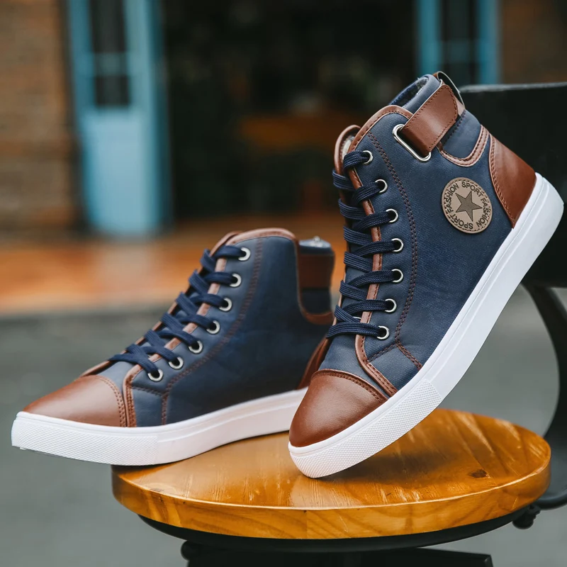 

Factory Wholesale Cool Style Boots Men's Canvas Trendy Casual Sport Shoes Leather Sneakers For Men, Black, brown,blue