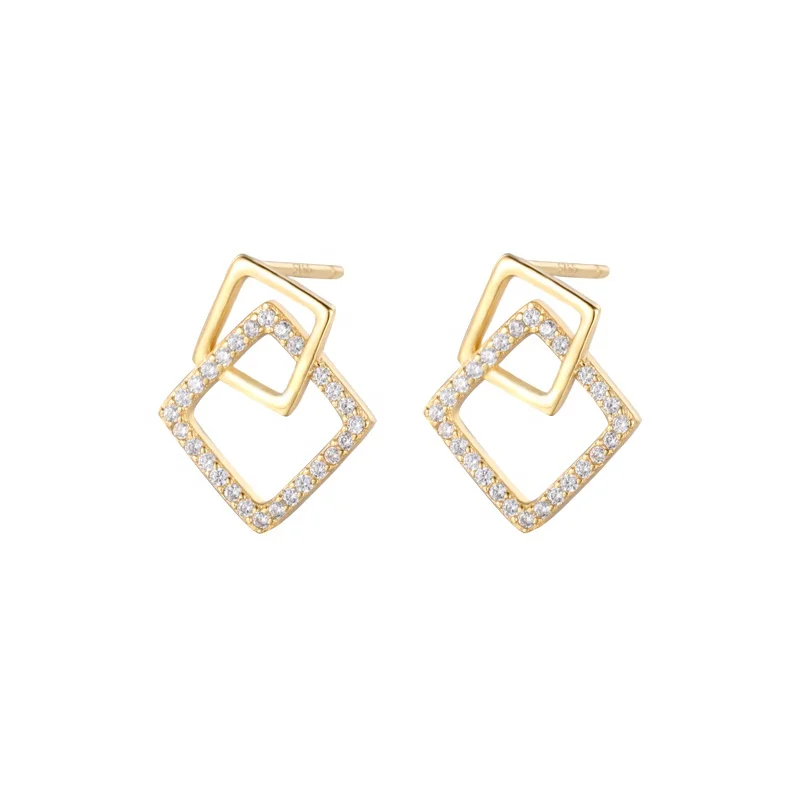 E271E Women Jewelry Earrings Geometric 925 Sterling Silver Interlocking Square Earrings