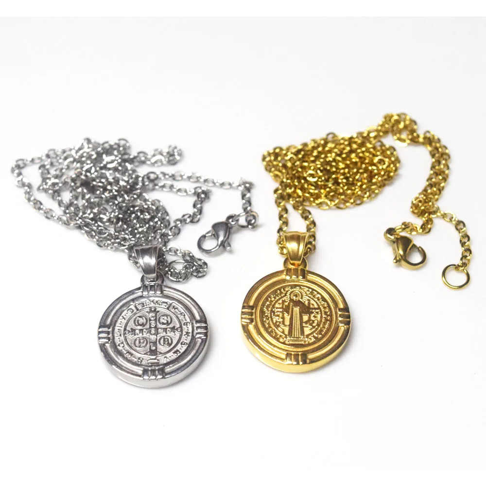 fashion trendy men's stainless steel silver and gold with st saint benedict medal pendant necklace jewelry