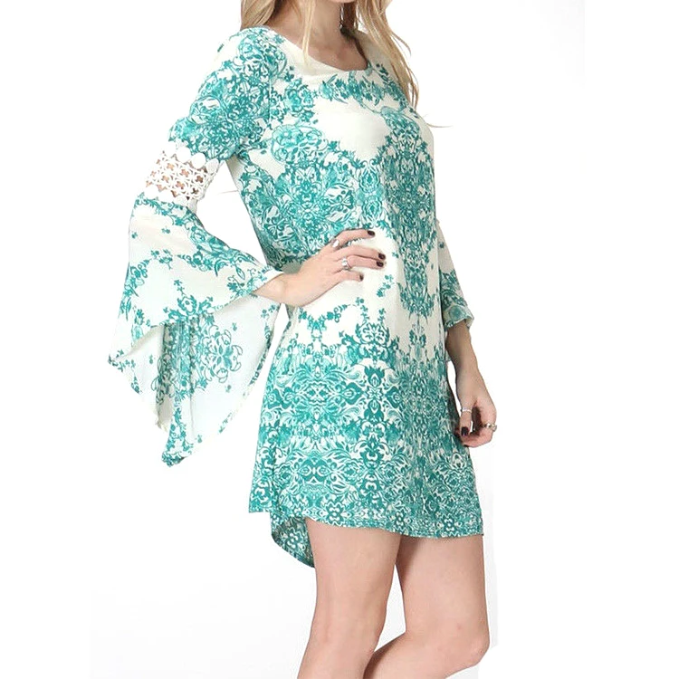 Baroque Print Boho Lined Dress with Crochet Bell Sleeve XYD2851, View ...