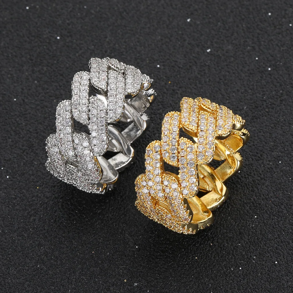 

Hot Selling Hip Hop Real Gold Plated Brass Couple Finger Ring Iced Out Cuban Link Chain Ring For Men Fashion Jewelry, Gold, silver