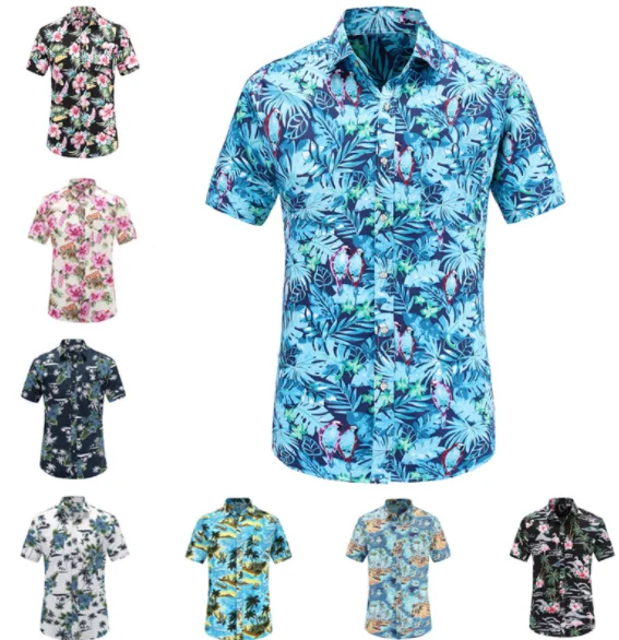 

2021 pure cotton Hawaiian print short sleeve shirt for men European size beach trade for Amazon men's shirt