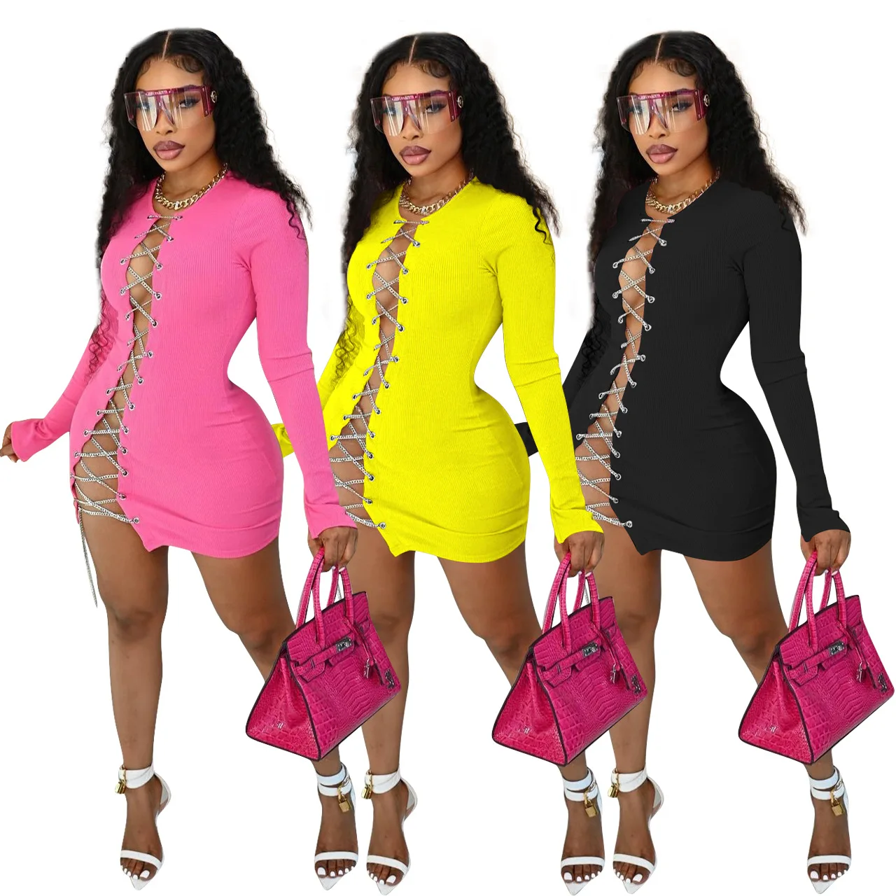 

2021 Custom Fashion Woman Fall Clothing Solid Chain Mini Dress Party Club Wear Bodycon Women Sexy Club Long Sleeve Dresses