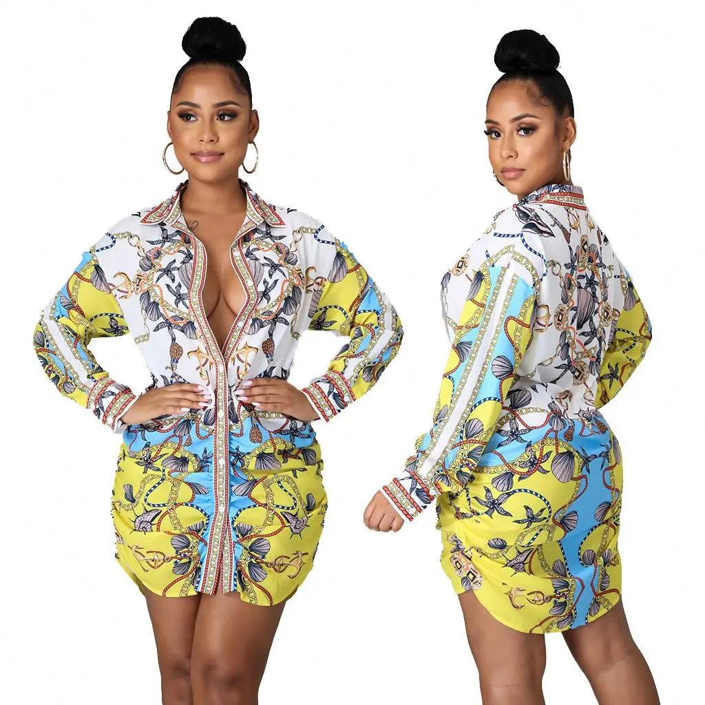 

2021 New Fashion Positioning Printing Button Woman Summer Shirt Dresses long sleeve casual Women's Mid-Length Shirt Dress