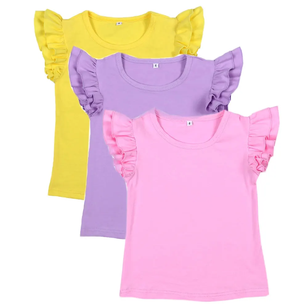 

95% cotton baby clothing Classic shirts plain ruffle sleeve tops for girls short sleeve t-shirts, Solid