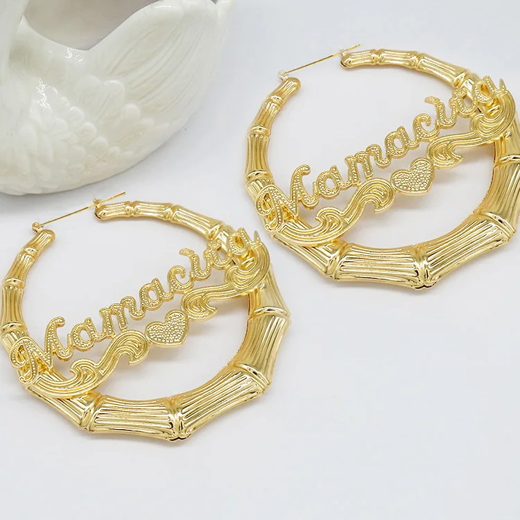 

Hot Selling Ins Style Name Earrings In Europe And America, Custom Name Alloy Carved Two-Tone Custom Bamboo Earrings, Gold silver