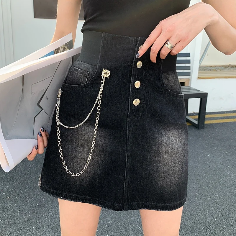 

TUOGU Women' 2022 New Spring and Summer Denim Skirts Korean Style High Waist Print Denim Short Skirt Jeans A- Line Skirt, Black