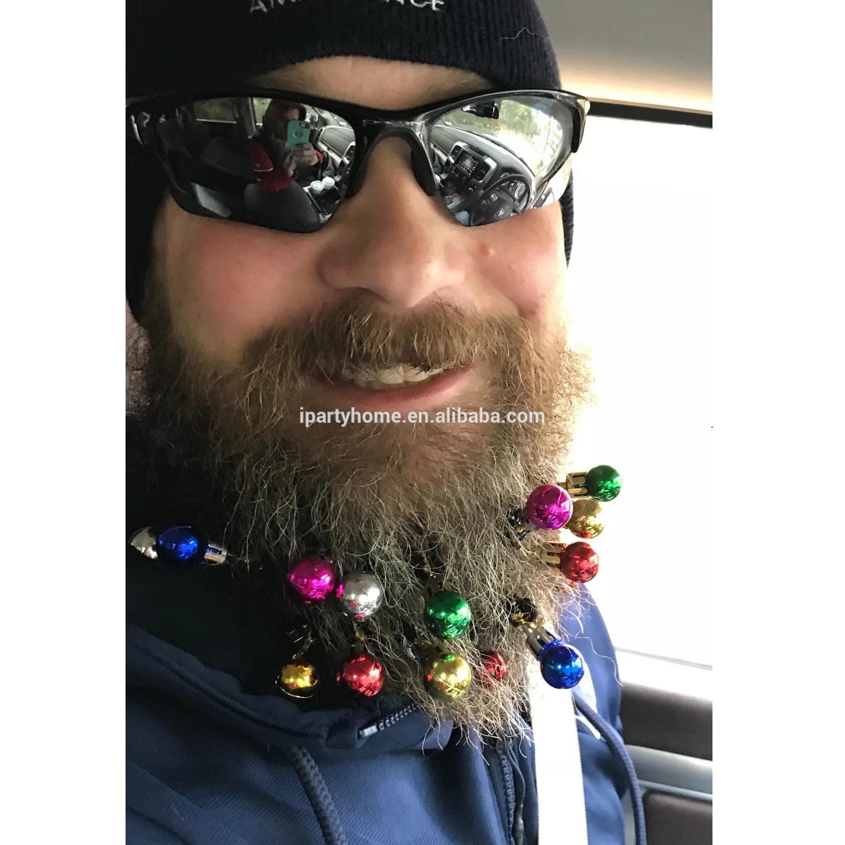 Light Up Led Christmas Beard Ornaments Colorful Facial Hair Baubles Ball With Bells For Men 