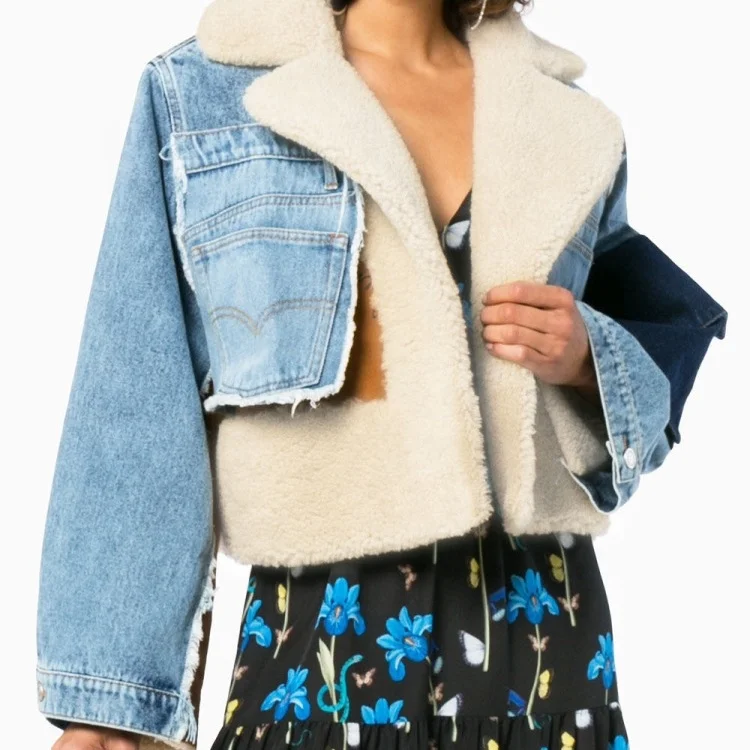 

New Fashion High Quality wool coat winter clothing for women Denim stitching Lamb hair liner thicken short motorcycle jacket, As picture or customized make