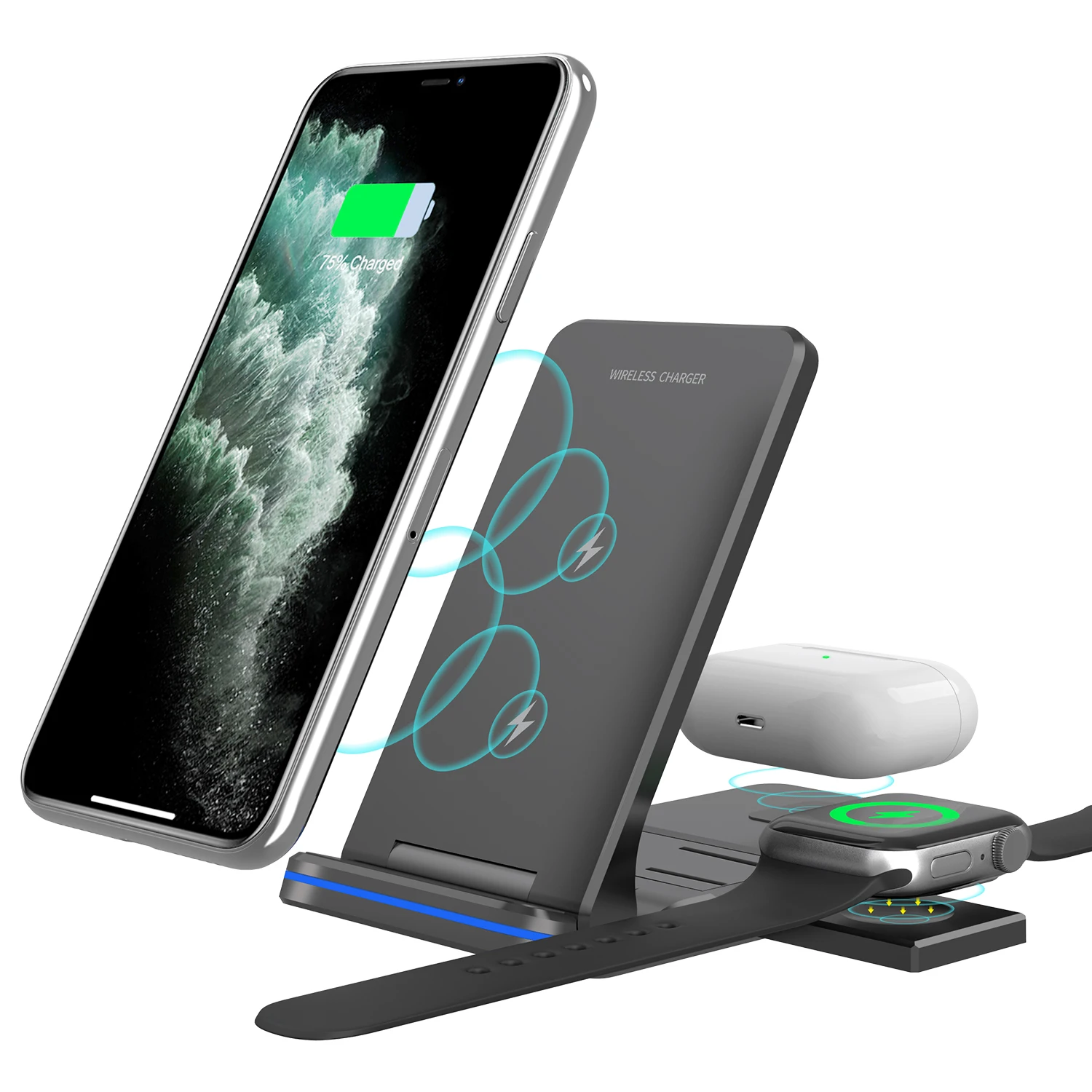 

2021 NEW Arrival Portable 15W Fast LED Charging Light Foldable 3 in 1 Wireless Charger Stand Station Dock, Black, white