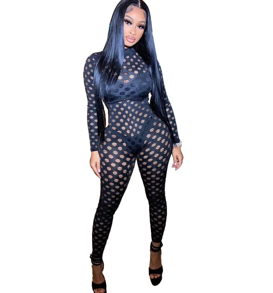 

2021 Women New Arrivals Sexy Summer Long Sleeve Fishnet Hole Bodycon Clubwear One Piece Jumpsuits for Women Wholesale OEM ODM