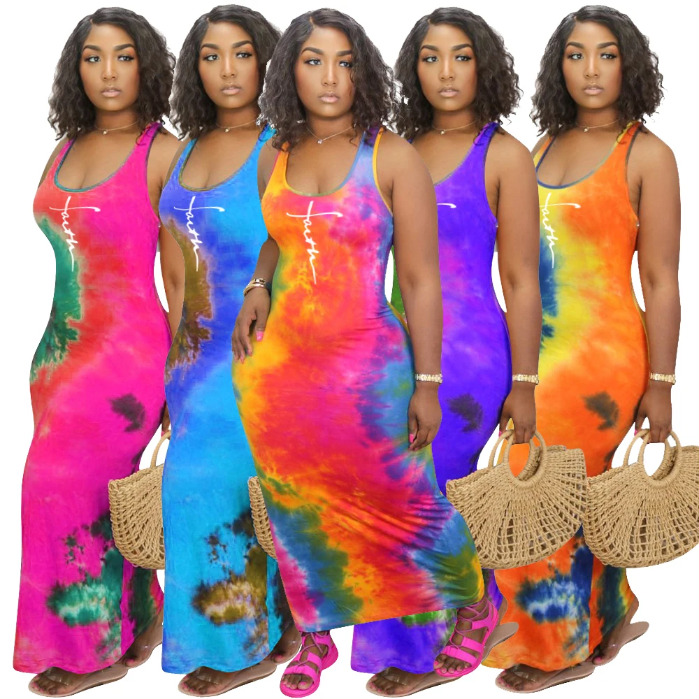 

HGL1843 2022 new arrival summer maxi sleeveless tank logo customization tie dye printed plus size women dresses, Picture color