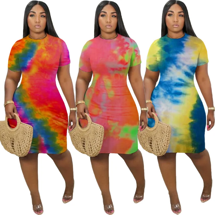 

2021 New Arrivals Short Sleeve Tight Tie Dye Dresses Plus Size Summer Dress Womens Clothing