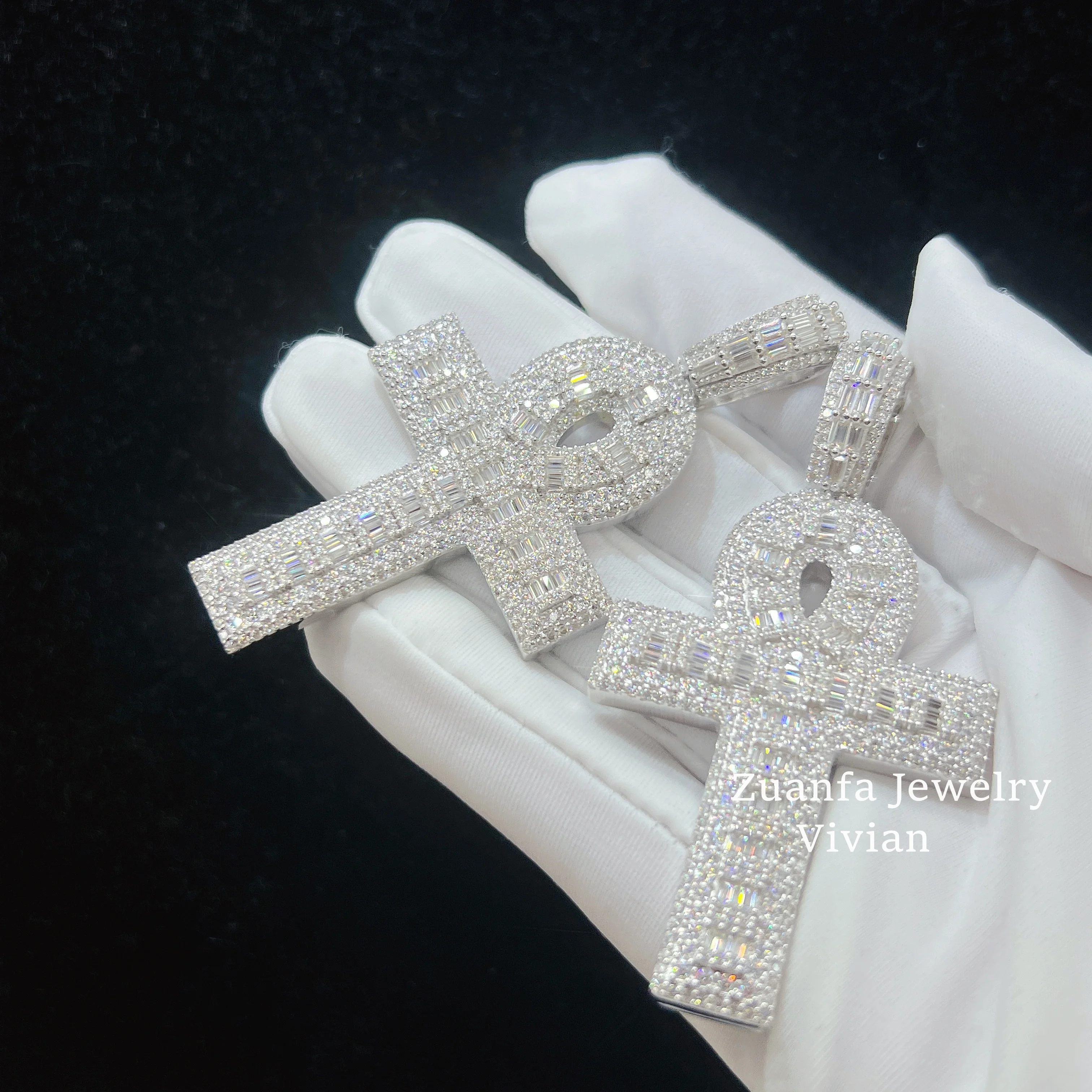 

Fine jewelry silver 925 iced out hip hop rapper jewelry men moissanite diamond ankh cross pendant