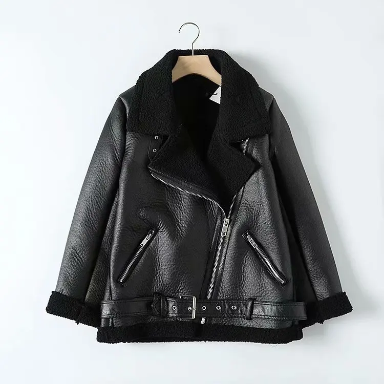 

Women's Faux Shearing Moto Jacket Thick Fleece Lined Parka Coat Leather Jacket Motorcycle Biker Faux Leather Coat Jacket, Black/white, or custom colors