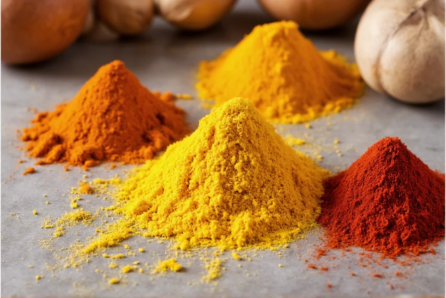 Various yellow spices including turmeric, saffron, and annatto arranged on a kitchen counter with recipe ingredients