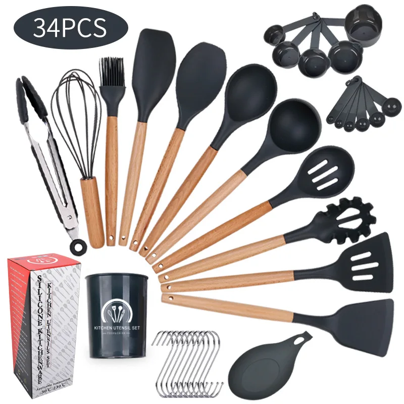 

Hot seller Colorful wood handle silicone kitchen utensils 6 colors Cookware 34 Pieces per Set Non Stick Kitchen Utensils