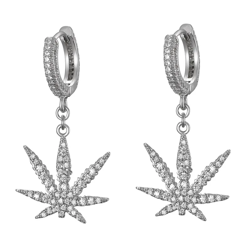 

Hip-hop zirconia jewelry copper microzircon hemp maple leaf drop earrings, Silver/gold