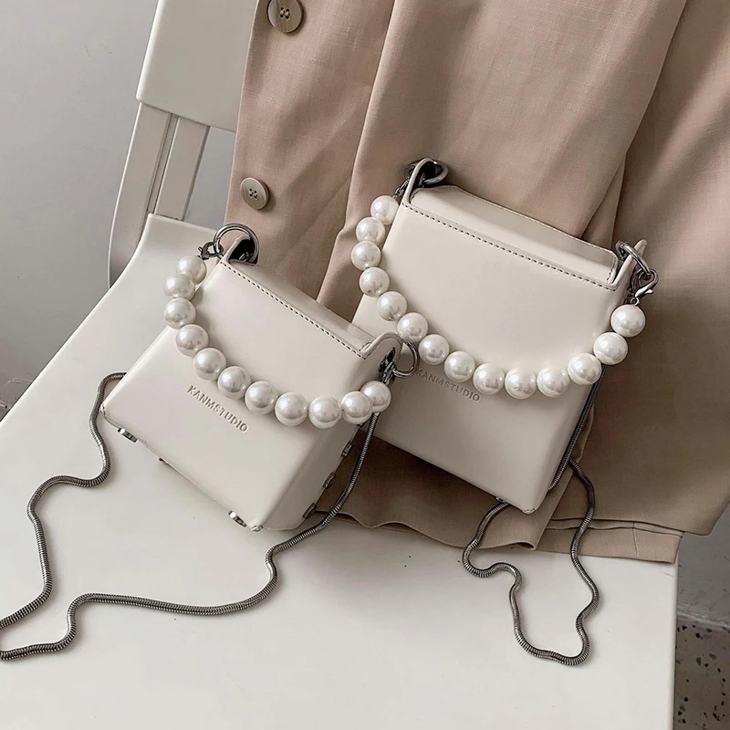 

Small Pearl Design Metal Chain Crossbody Bag Simple Box Shape Ladies Handbag Shoulder Purse Hand Bags 2020 Women