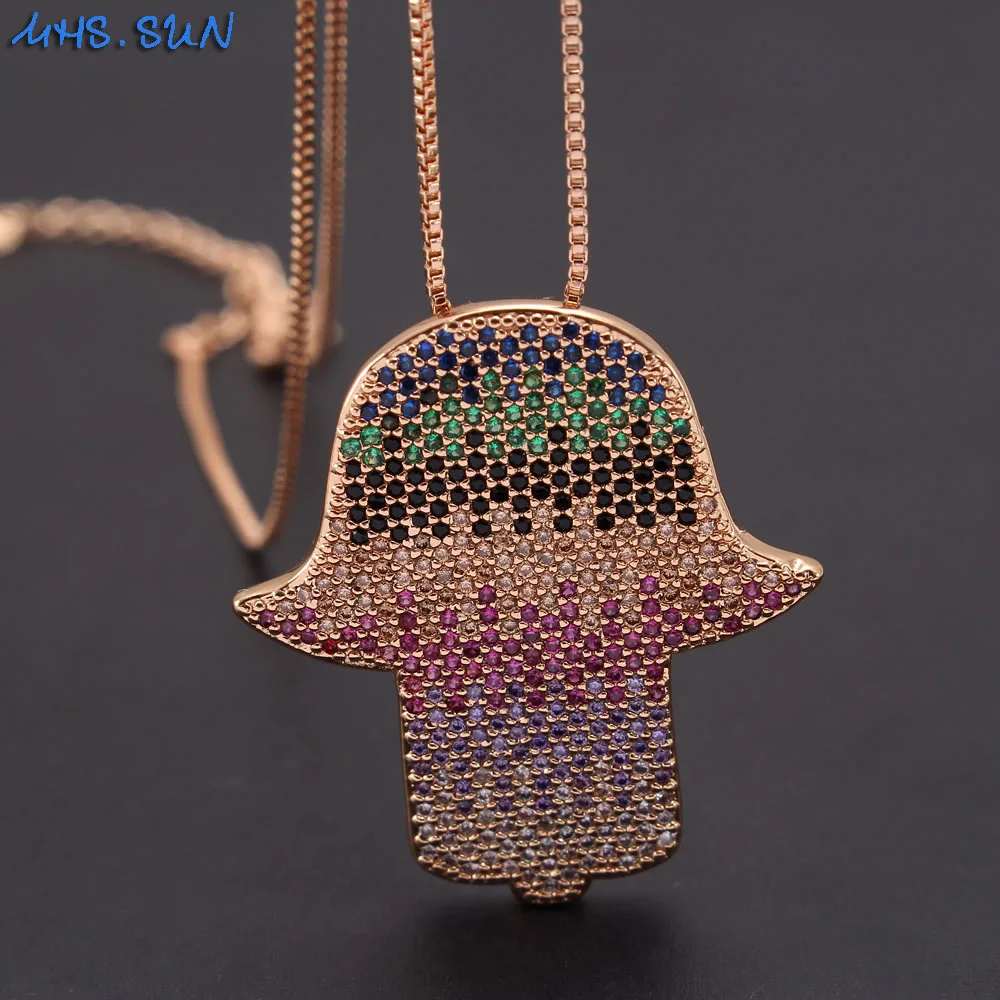 

MHS.SUN Mosaic Zircon Hand Pendant Necklace Religious Style 18K Gold Plated Women Girls Chain Necklace Fashion 3A CZ Choker