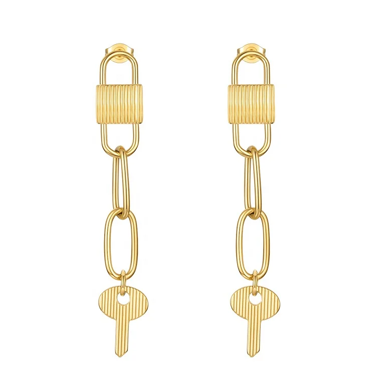 

Latest High Quality 18K Gold Plated Stainless Steel Jewellry Lock Chain Key Pendant Fashion Earrings E201211