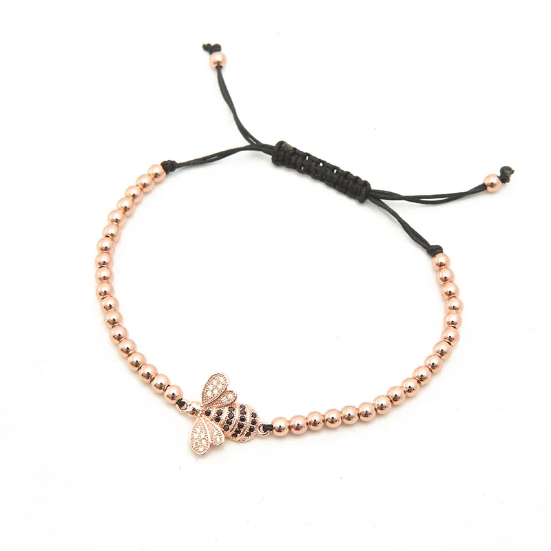 

Factory Wholesale Bee Zircon Charm Bracelet Copper Creative Design Beads Adjustable Rope Bracelet, As picture