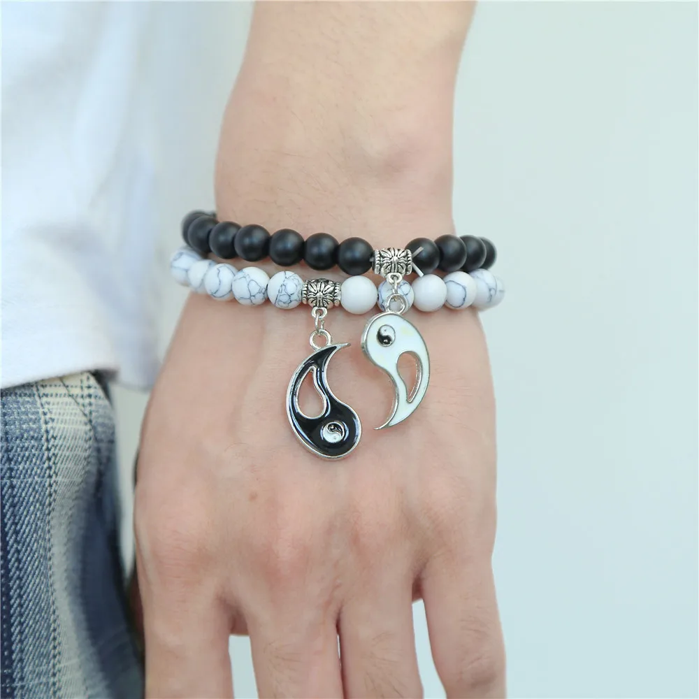 

Silver Plated Stretch Black Agate Turquoise Stone Couple Lovers Bracelet Enamel Tai Chi Ying Yang Charm Beads Bracelet