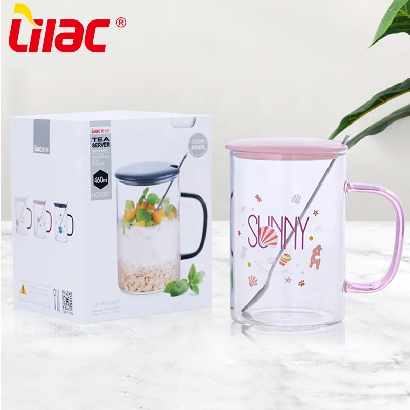 

Lilac BSCI SGS LFGB 460ml customized personalized print colorful lid nordic borosilicate glass coffee mug sets