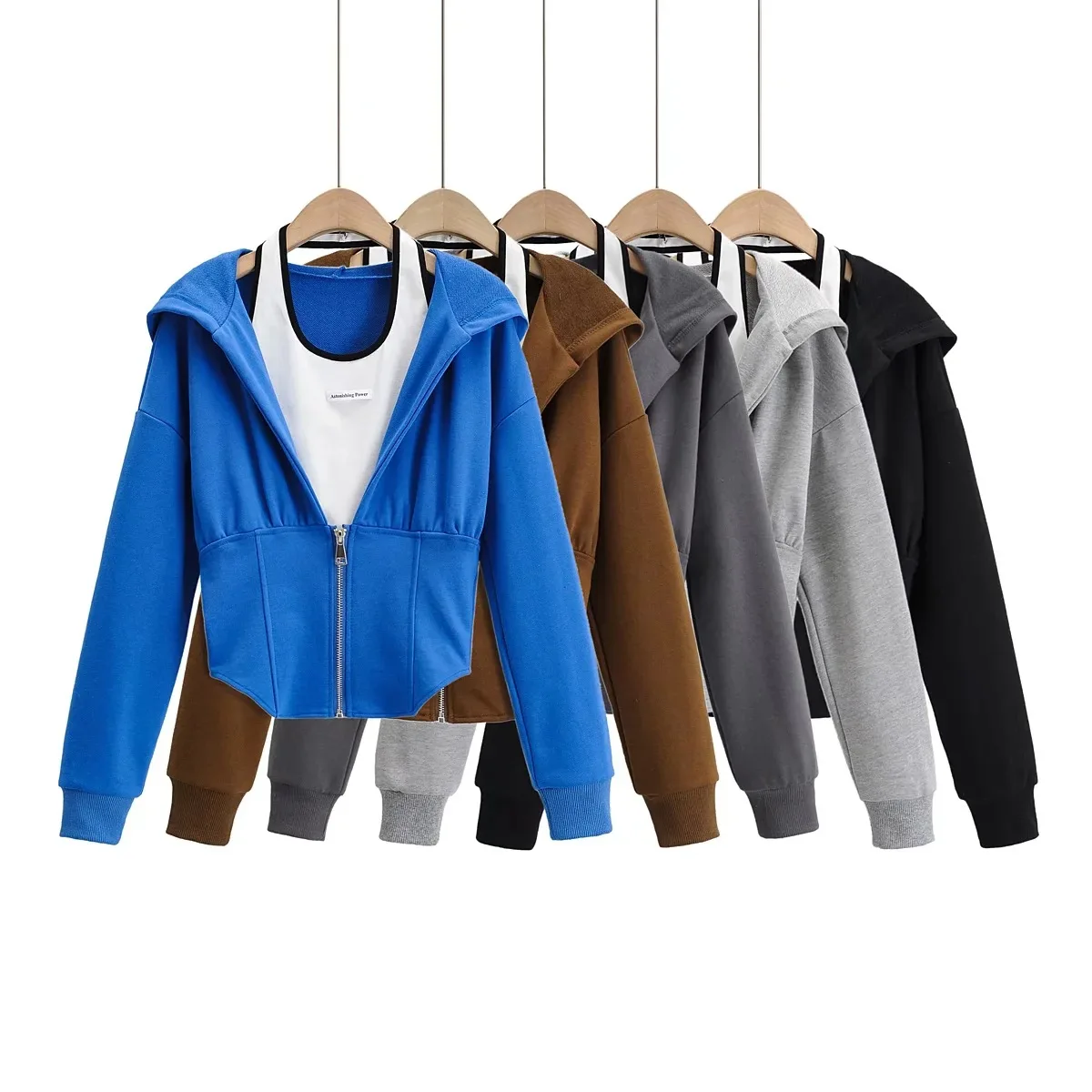 

Women long sleeve zip up hoodies solid color and hanging neck vest women gym clothing, Picture shows