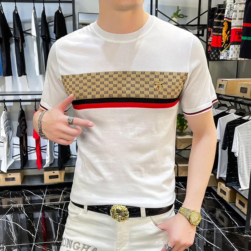 

wholesale ice silk knitting classic t-shirt men's thin embroidery bee fashion trend high quality t-shirts