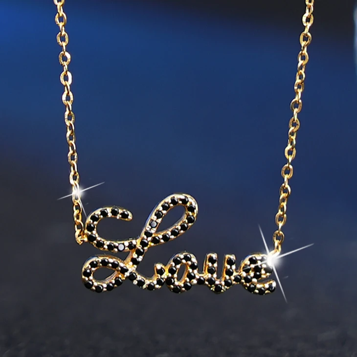

925 Sterling Silver Trendy High Quality Fine Jewelry Black Zircon Love Letter Necklace, Gold