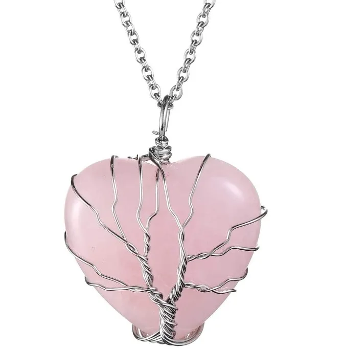 

Vintage Wire Wrapped Tree of Life Necklace Natural Stone Rose Quartz Heart Crystal Gemstone Pendant Jewelry for Women Y0152, Rose gold/gold/silver