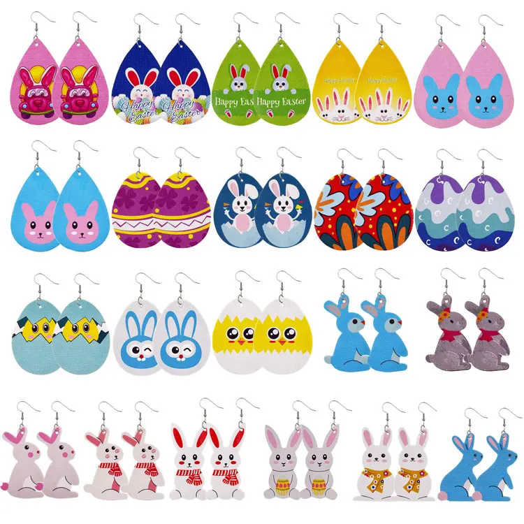 

SC Hot Selling Easter Earrings Fashion Double Side Printed Faux Leather Earrings Cute Easter Egg Bunny Rabbit Earrings Women, Colorful